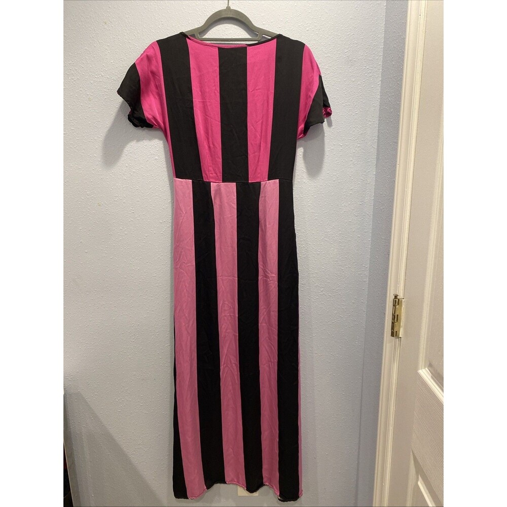 Christopher John Rogers Striped Midi Dress Pink Black Short‎ Sleeve Party 0